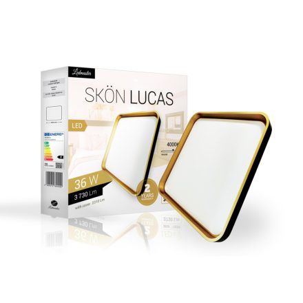 Skön Lucas 36 W-os ø500 mm négyzet alakú natúr fehér fekete-arany színű mennyezeti lámpa IP20-as védettségű